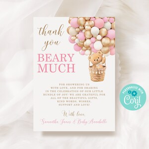 Bearbeitbare Bären-Rosa-Dankeschön-Karte, Heißluftballon-Bär-Babyparty-Dankeschön-Karte für Mädchen-Gold Danke-Karte-Babyparty-Glitter-Ballons