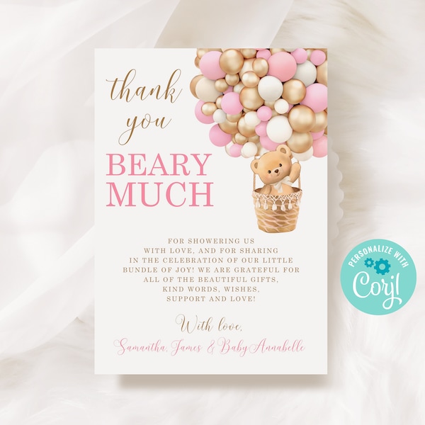 Editable Bear Pink Thank You Card, Hot Air Balloon Bear Baby Shower Thank You Card for Girl Gold Thank You Card Baby Shower Glitter Balloons