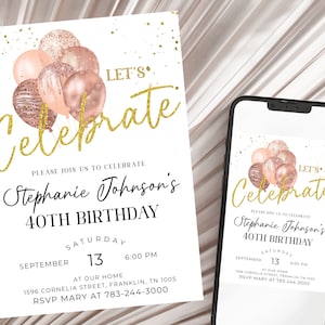 Ballons d'invitation d'anniversaire de femmes imprimables Célébrons la fête Invitez le modèle modifiable Rose Gold Download, 30th 40th