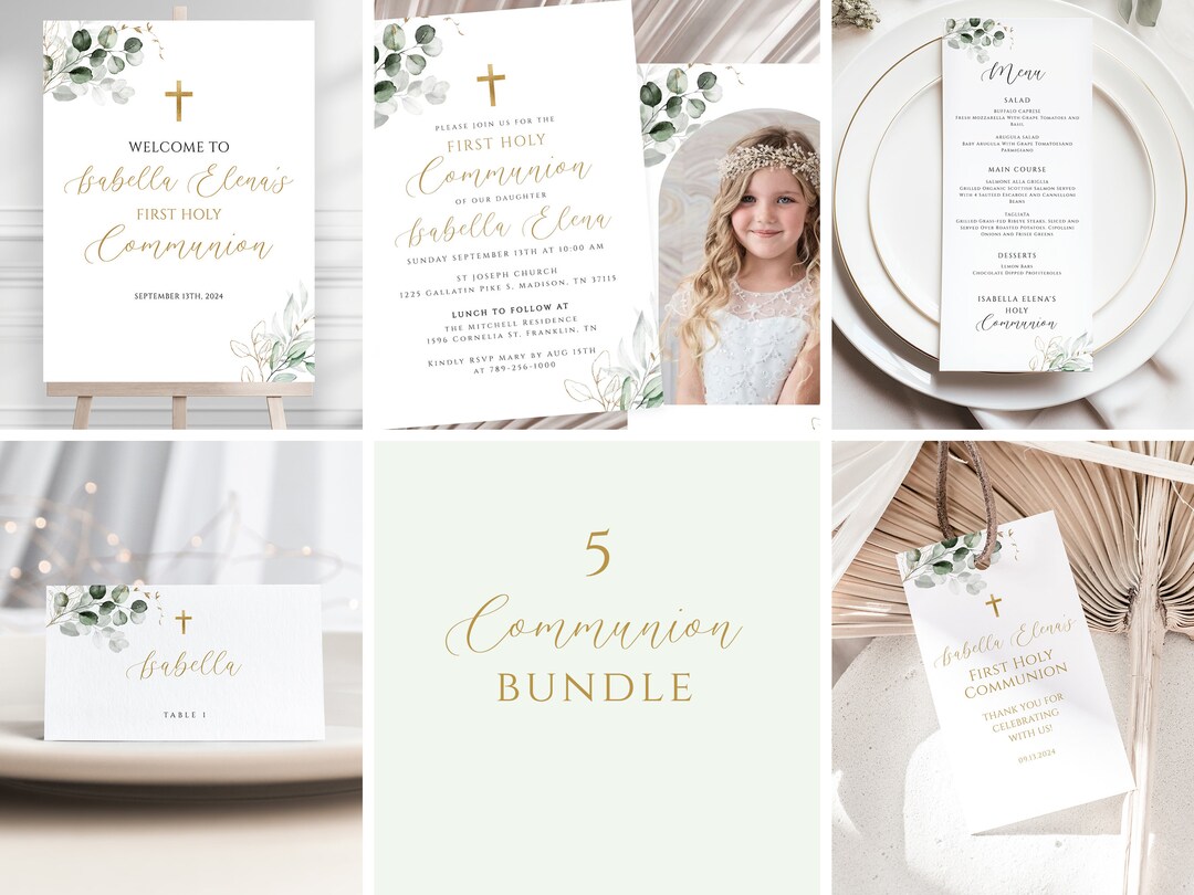 Greenery First Holy Communion Invitation Bundle, Green & Gold Communion ...