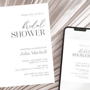 Minimal Bridal Shower Invitation, Modern Bridal Shower Invite, Black and White Bridal Shower, Editable Bridal Shower Template Minimalist