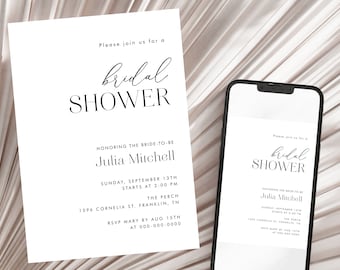 Minimal Bridal Shower Invitation, Modern Bridal Shower Invite, Black and White Bridal Shower, Editable Bridal Shower Template Minimalist