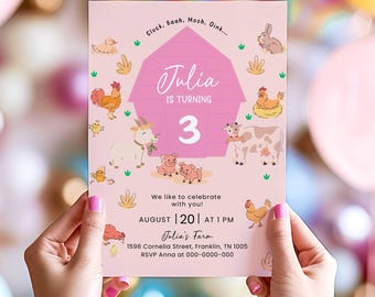 Editable Farm Birthday Invitation Girl Farm Animals Pink Barnyard Party Modern Pastel Download Printable Invite Template Digital Corjl