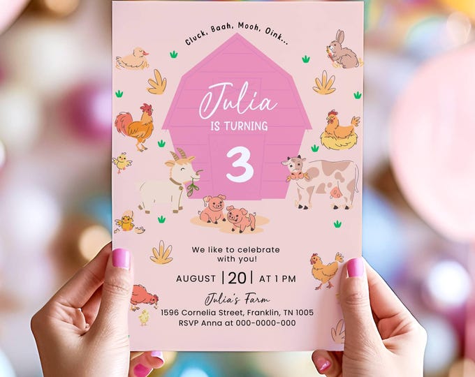 Editable Farm Birthday Invitation Girl Farm Animals Pink Floral ...