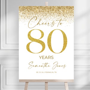 Gold 80th Eighty Birthday Party Welcome Sign, Editable Sign, Printable Gold Birthday Welcome Sign Template, Hello Eighty Cheers