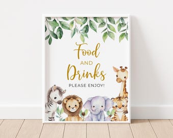 Letrero de comida y bebida, animales de safari en la jungla, letrero de cumpleaños para baby shower, imprimible, animales del zoológico tropical, salvaje, editable