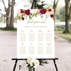 Op de afbeelding: Een wit bord met gouden letters en bloemaccenten, tentoongesteld op een zwart schildersezel. Het bord luidt "find your seat" en "Samantha's 90e verjaardag". Onder de tekst staan acht kolommen met namen.