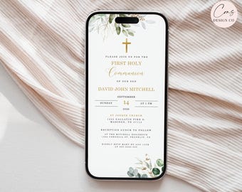 Electronic Communion Invitation Template, Greenery Communion Invite, Christening Evite, Digital Communion Invitation, Communion Phone Invite