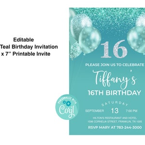 Op de afbeelding: Een turquoise en zilveren 16e verjaardagsuitnodiging met een glitterachtergrond en ballonnen. De uitnodiging luidt "We nodigen u uit om de 16e verjaardag van Tiffany te vieren" met de datum en tijd van het feest. De uitnodiging bevat ook de locatie en RSVP-informatie.