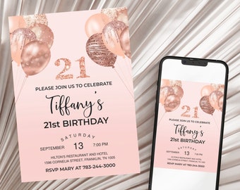 Rose Gold Invitation, Balloons, 21st Birthday Invitation, Editable Birthday Invite