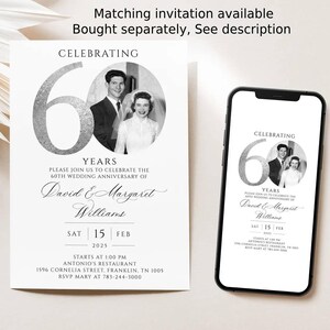 May include: A 60th wedding anniversary invitation card and a smartphone displaying the same design. The invitation features a large silver number 60, a circular black and white wedding photo, and text detailing the event for David and Margaret Williams.