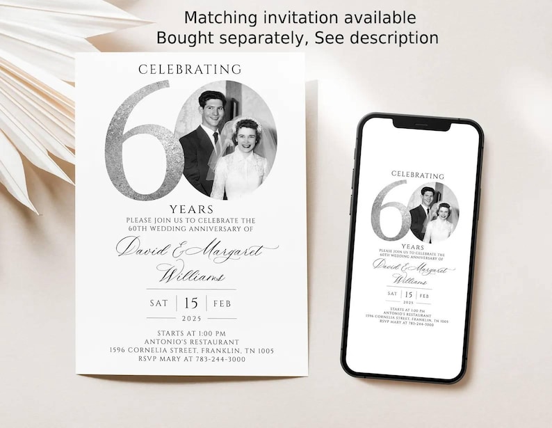 May include: A 60th wedding anniversary invitation card and a smartphone displaying the same design. The invitation features a large silver number 60, a circular black and white wedding photo, and text detailing the event for David and Margaret Williams.
