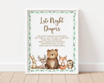 May include: A framed sign with the text "Late Night Diapers" and instructions for diaper changes. The sign is decorated with watercolor illustrations of woodland animals, including a bear, fox, and hedgehog, and a green leaf border.
