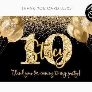Carte de remerciement d'anniversaire dorée Anniversaire noir et paillettes dorées, Carte d'anniversaire dorée pour fille 10e anniversaire