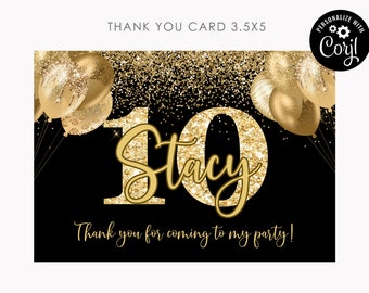 Golden Birthday Thank you Card Black and gold glitter birthday, Golden birthday  for girl 10th birthday