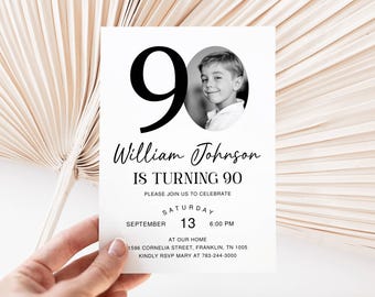 90th Birthday Invitation Template, Look Who's 90, Photo 90th Birthday Invite, Editable Template, Black and White 90th Birthday