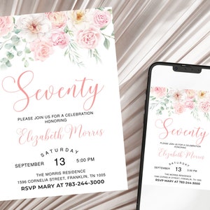 Editable 70th Birthday Invitation, Women Seventy Floral Birthday Invitation, Women Birthday Invite, Blush Pink 70th Birthday Invitation