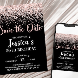Save the Date Rose Gold Glitzer bearbeitbare 50. Geburtstag Einladung Vorlage, 20.30.40.60. druckbare Invite, Instant Download, jedes Alter