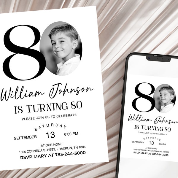 Male 80th Birthday Invitation Template, Look Who's 80, Photo 80th Birthday Invite, Editable Template, Black and White 80th Birthday