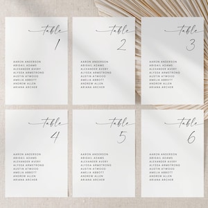 Puede incluir: Seis tarjetas de mesa blancas con texto de caligrafía negra. Cada tarjeta está etiquetada como "Mesa" seguida de un número del 1 al 6. Cada tarjeta enumera nombres debajo del número de mesa. Una hoja de palma seca está en el fondo.