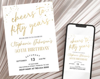 Ladies 50th Birthday Invitation Printable Cheers to Fifty Years Gold Editable Download