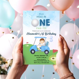 Editable Hole in One Birthday Invitation Golf First Birthday Par-tee Golf Invite Boy Golfing Download Printable Template Digital Corjl