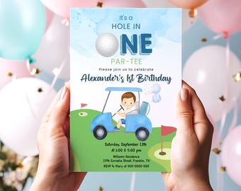 Editable Hole in One Birthday Invitation Golf First Birthday Par-tee Golf Invite Boy Golfing Download Printable Template Digital Corjl