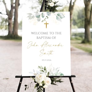 Printable Baptism Welcome Sign, Christening Welcome Sign, Greenery Welcome Sign, Greenery Baptism Welcome Sign, Greenery Gold Welcome Sign