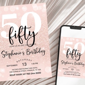 Rose Gold Invitation, Balloons, 50th Birthday Invitation, Editable Birthday Invite
