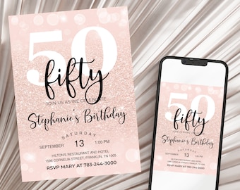 Rose Gold Einladung, Luftballons, Einladung zum 50. Geburtstag, bearbeitbare Geburtstagseinladung