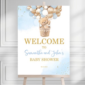 Teddybär-Babyparty-Willkommensschild Braun Blauer Bär Poster Bearly Warten Boho Luftballons Party Schild EDITIERBARE Vorlage