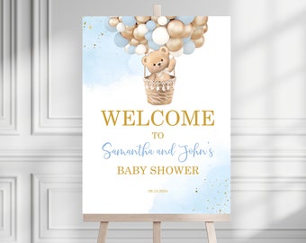 Teddy Bear Baby Shower Welcome Sign Brown Blue Bear Poster Bearly Wait Boho Balloons Party Sign EDITABLE Template