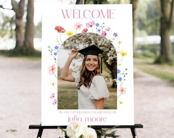 Minimalist Graduation Welcome Poster, Wildflower Graduation Party Welcome Sign Template, Boho Graduation Photo Welcome Sign