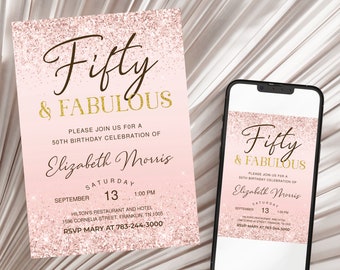 50th Birthday Invitation Printable Rose Gold Fifty and Fabulous Dinner Party Invite for Ladies Editable Digital Download