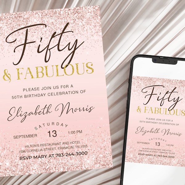 50th Birthday Invitation Printable Rose Gold Fifty and Fabulous Dinner Party Invite for Ladies Editable Digital Download