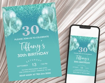 Teal and Silver Holo Glitter 30th Birthday Invitation, Editable Birthday Invite