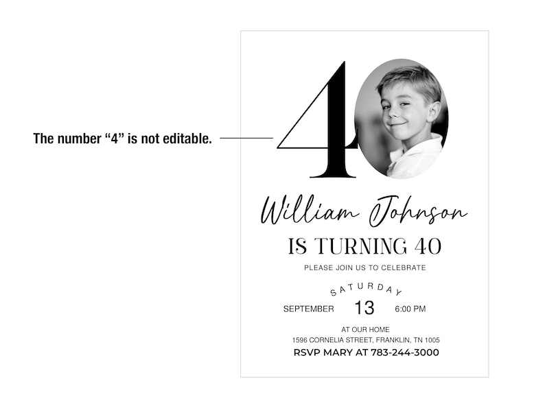40th Invitation with photo, Look Who's 40, 40th Birthday Invitation Template, Simple 40th Invitation, Male 40th Invites, Editable, Printable image 2