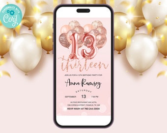 Rose Gold Glitter 13th Birthday Invitation Editable Birthday Invite, Evite