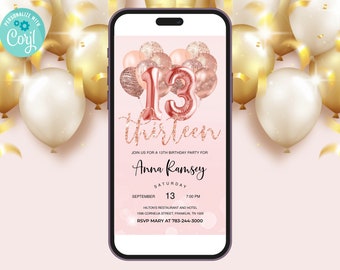 Rose Gold Glitter 13th Birthday Invitation Editable Birthday Invite, Evite