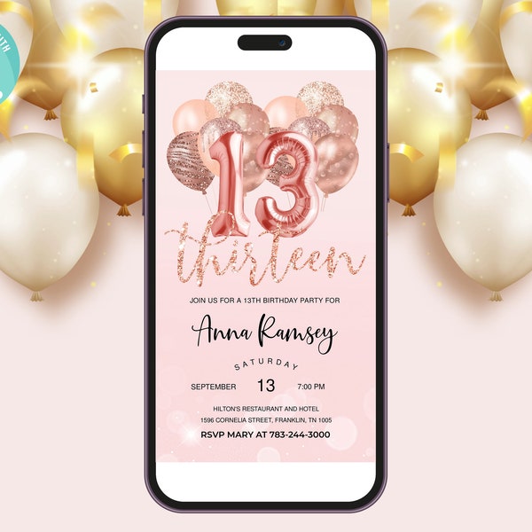 Rose Gold Glitter 13th Birthday Invitation Editable Birthday Invite, Evite