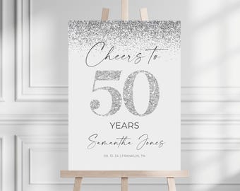 Silver 50th Fifty Birthday Party Welcome Sign, Editable Sign, Printable Silver Birthday Welcome Sign Template, Hello Fifty Cheers