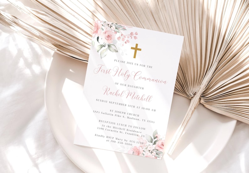 Blush Pink First Holy Communion Invitation Template Pink Floral ...