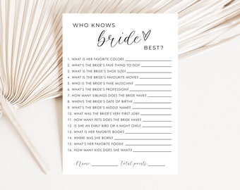 Minimalist Who knows the Bride the Most Game, Modern Bridal Shower Game, Printable How well do you know the Bride