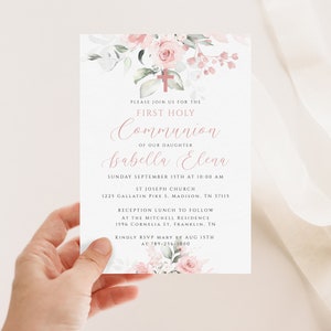 First Communion Invitation, Baptism Invitation, Blush Pink Floral, Editable Template, Printable, Digital Download zdjęcie 2