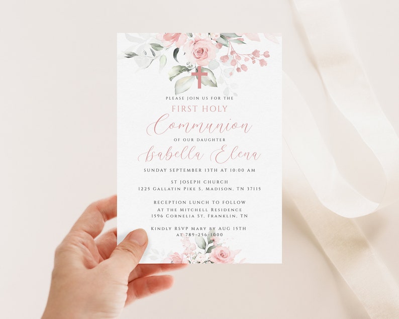 First Communion Invitation, Baptism Invitation, Blush Pink Floral, Editable Template, Printable, Digital Download zdjęcie 2