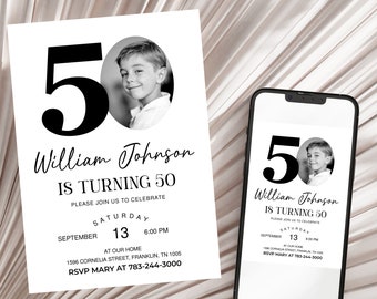 Male 50th Birthday Invitation Template, Look Who's 50, Photo 50th Birthday Invite, Editable Template, Any Age, Black and White 50th Birthday