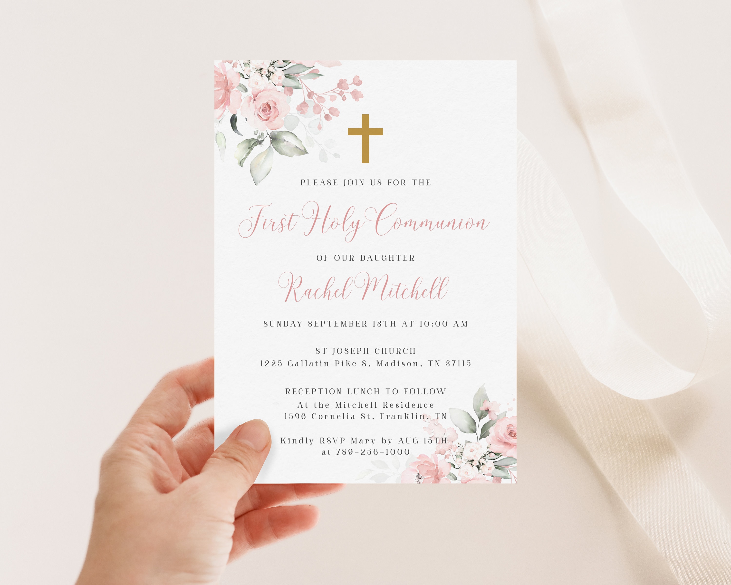 Blush Pink First Holy Communion Invitation Template Pink Floral ...