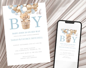 Editable Oh Boy Teddy Bear Hot Air Balloon Baby Shower Invitation Blue Beige Bearly Wait Invites Template Instant Download