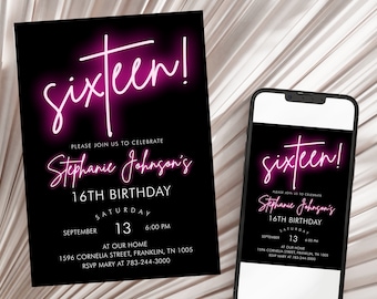 Pink Neon Birthday Invitation Template, 16th Birthday Invitation, Hot Pink Glow, Teen Party, Girl Party, Sixteen Birthday Neon