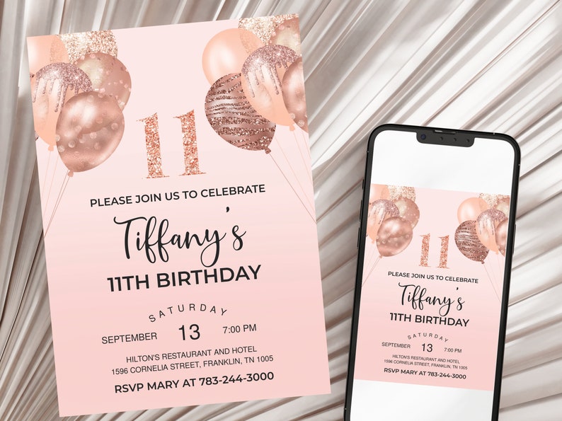 Rose Gold Invitation, Balloons, 11th Birthday Invitation, Editable